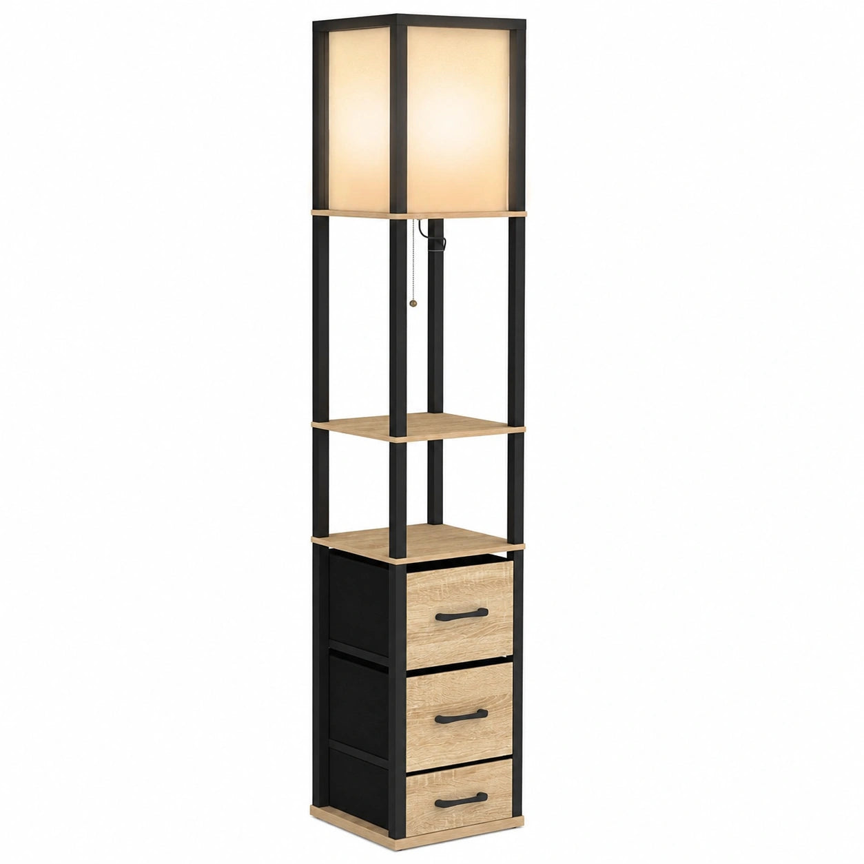 Lampadaire industriel noir avec étagères en bois et tiroirs en tissu