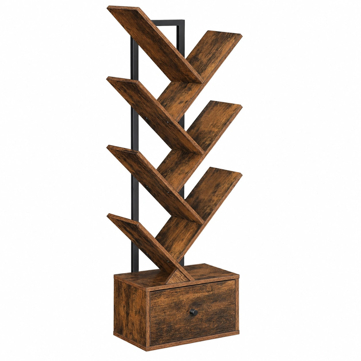 Étagère en Arbre 8 Niveaux pour CD et Livres, Style Rustique, Marron et Noir