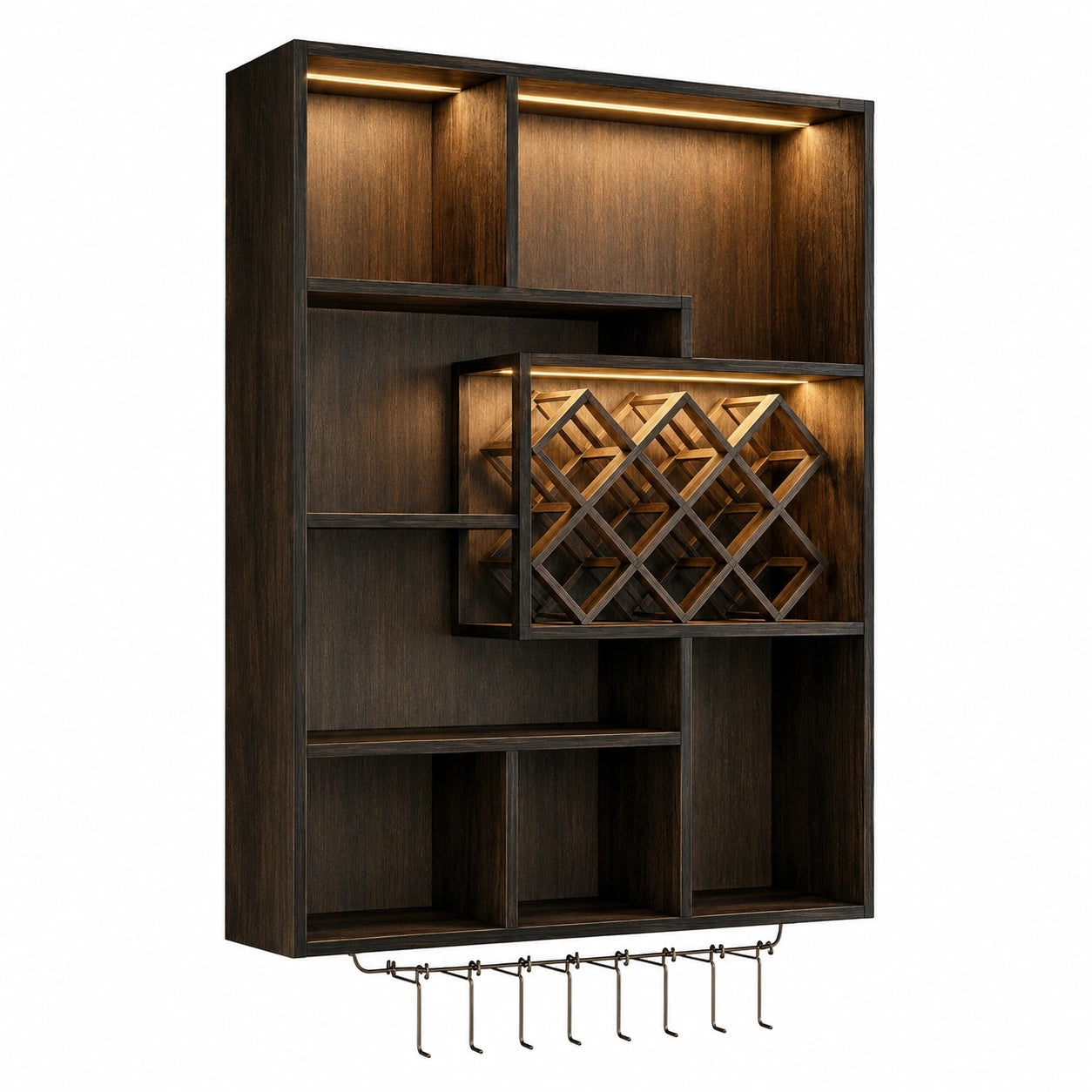 Étagère Murale en Métal pour Bouteilles de Vin avec LED et Porte-Verres