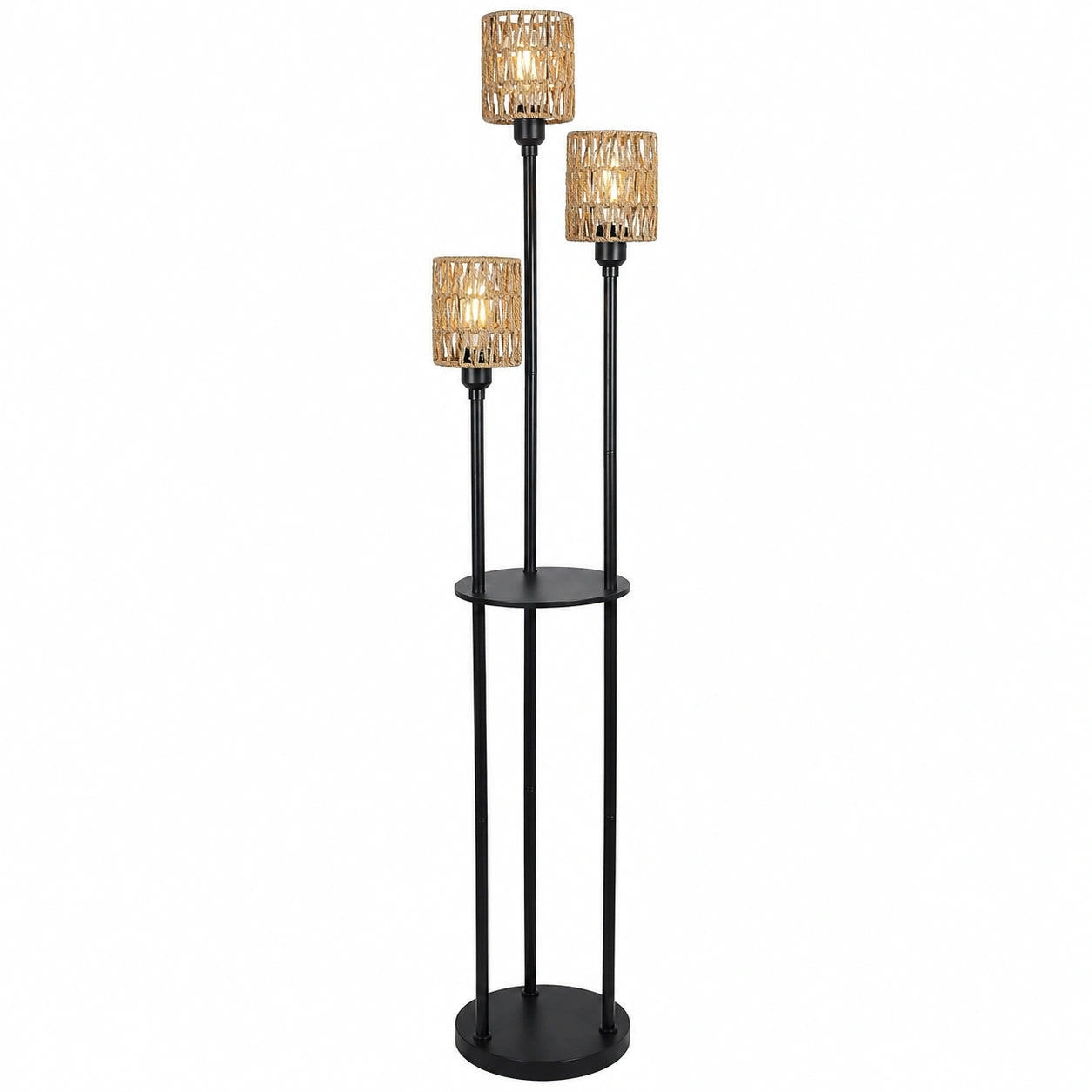 Lampadaire Bohème en Rotin avec Étagère et Interrupteur au Pied