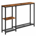 Table console étroite avec étagère de rangement, style industriel, cadre métallique, pour entrée, couloir, hall, derrière canapé, marron rustique et noir