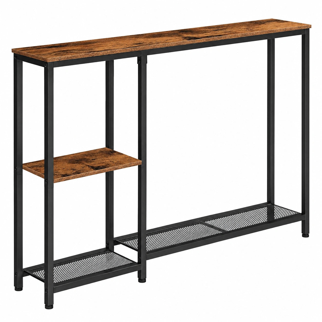 Table console étroite avec étagère de rangement, style industriel, cadre métallique, pour entrée, couloir, hall, derrière canapé, marron rustique et noir