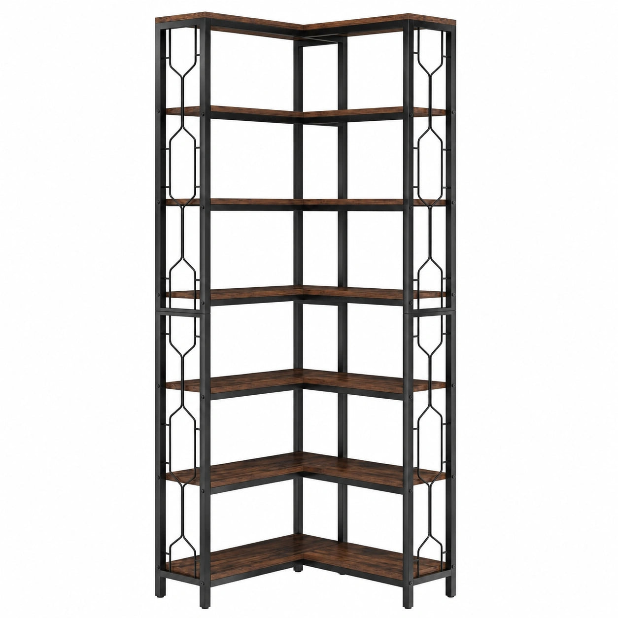 Étagère d'angle industrielle à 7 niveaux en bois et métal pour salon, cuisine, bureau